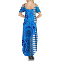 Maui Island Summer Maxi Dress Kakau Tribal Mixed Polynesian Pattern Blue LT9 - Polynesian Pride