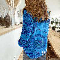 Maui Island Women Casual Shirt Kakau Tribal Mixed Polynesian Pattern Blue LT9 - Polynesian Pride