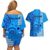 Personalised Maui Island Couples Matching Off Shoulder Short Dress and Hawaiian Shirt Kakau Tribal Mixed Polynesian Pattern Blue LT9 - Polynesian Pride