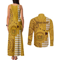 Personalised Maui Island Couples Matching Tank Maxi Dress and Long Sleeve Button Shirts Kakau Tribal Mixed Polynesian Pattern Gold LT9 - Polynesian Pride