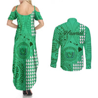Maui Island Couples Matching Summer Maxi Dress and Long Sleeve Button Shirts Kakau Tribal Mixed Polynesian Pattern Green LT9 - Polynesian Pride