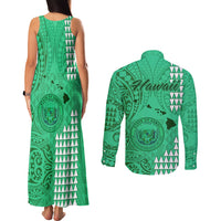 Maui Island Couples Matching Tank Maxi Dress and Long Sleeve Button Shirts Kakau Tribal Mixed Polynesian Pattern Green LT9 - Polynesian Pride