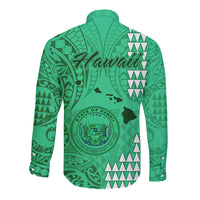 Maui Island Long Sleeve Button Shirt Kakau Tribal Mixed Polynesian Pattern Green LT9 - Polynesian Pride