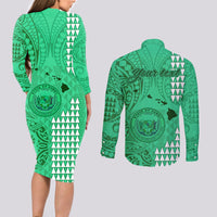 Personalised Maui Island Couples Matching Long Sleeve Bodycon Dress and Long Sleeve Button Shirts Kakau Tribal Mixed Polynesian Pattern Green LT9 - Polynesian Pride
