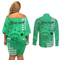 Personalised Maui Island Couples Matching Off Shoulder Short Dress and Long Sleeve Button Shirts Kakau Tribal Mixed Polynesian Pattern Green LT9 - Polynesian Pride