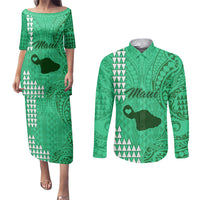 Personalised Maui Island Couples Matching Puletasi Dress and Long Sleeve Button Shirts Kakau Tribal Mixed Polynesian Pattern Green LT9 Green - Polynesian Pride
