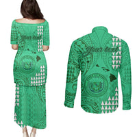 Personalised Maui Island Couples Matching Puletasi Dress and Long Sleeve Button Shirts Kakau Tribal Mixed Polynesian Pattern Green LT9 - Polynesian Pride