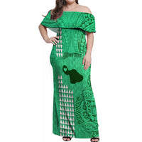 Personalised Maui Island Off Shoulder Maxi Dress Kakau Tribal Mixed Polynesian Pattern Green LT9 Women Green - Polynesian Pride