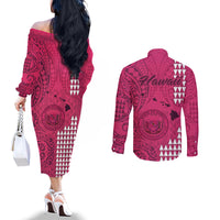Maui Island Couples Matching Off The Shoulder Long Sleeve Dress and Long Sleeve Button Shirts Kakau Tribal Mixed Polynesian Pattern Pink LT9 - Polynesian Pride