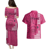 Maui Island Couples Matching Puletasi Dress and Hawaiian Shirt Kakau Tribal Mixed Polynesian Pattern Pink LT9 - Polynesian Pride