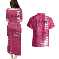Personalised Maui Island Couples Matching Puletasi Dress and Hawaiian Shirt Kakau Tribal Mixed Polynesian Pattern Pink LT9 - Polynesian Pride