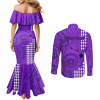 Personalised Maui Island Couples Matching Mermaid Dress and Long Sleeve Button Shirts Kakau Tribal Mixed Polynesian Pattern Purple LT9 - Polynesian Pride