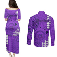 Personalised Maui Island Couples Matching Puletasi Dress and Long Sleeve Button Shirts Kakau Tribal Mixed Polynesian Pattern Purple LT9 - Polynesian Pride