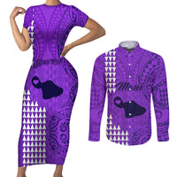 Personalised Maui Island Couples Matching Short Sleeve Bodycon Dress and Long Sleeve Button Shirts Kakau Tribal Mixed Polynesian Pattern Purple LT9 Purple - Polynesian Pride