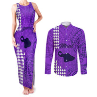 Personalised Maui Island Couples Matching Tank Maxi Dress and Long Sleeve Button Shirts Kakau Tribal Mixed Polynesian Pattern Purple LT9 Purple - Polynesian Pride