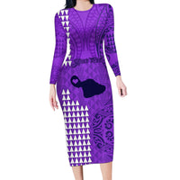 Personalised Maui Island Long Sleeve Bodycon Dress Kakau Tribal Mixed Polynesian Pattern Purple LT9 Long Dress Purple - Polynesian Pride