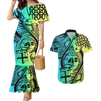 Malampa Fiji Day Couples Matching Mermaid Dress and Hawaiian Shirt Vanuatu Sand Drawing With Polynesian Pattern LT9 Black - Polynesian Pride