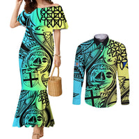 Malampa Fiji Day Couples Matching Mermaid Dress and Long Sleeve Button Shirts Vanuatu Sand Drawing With Polynesian Pattern LT9 Black - Polynesian Pride