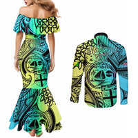 Malampa Fiji Day Couples Matching Mermaid Dress and Long Sleeve Button Shirts Vanuatu Sand Drawing With Polynesian Pattern LT9 - Polynesian Pride