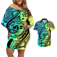 Malampa Fiji Day Couples Matching Off Shoulder Short Dress and Hawaiian Shirt Vanuatu Sand Drawing With Polynesian Pattern LT9 Black - Polynesian Pride