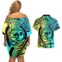 Malampa Fiji Day Couples Matching Off Shoulder Short Dress and Hawaiian Shirt Vanuatu Sand Drawing With Polynesian Pattern LT9 - Polynesian Pride
