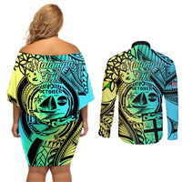 Malampa Fiji Day Couples Matching Off Shoulder Short Dress and Long Sleeve Button Shirts Vanuatu Sand Drawing With Polynesian Pattern LT9 - Polynesian Pride