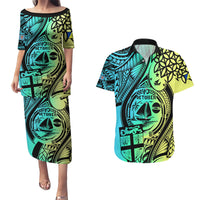 Malampa Fiji Day Couples Matching Puletasi Dress and Hawaiian Shirt Vanuatu Sand Drawing With Polynesian Pattern LT9 Black - Polynesian Pride