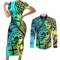 malampa-fiji-day-couples-matching-short-sleeve-bodycon-dress-and-long-sleeve-button-shirts-vanuatu-sand-drawing-with-polynesian-pattern
