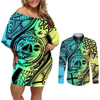 Personalised Malampa Fiji Day Couples Matching Off Shoulder Short Dress and Long Sleeve Button Shirts Vanuatu Sand Drawing With Polynesian Pattern LT9 Black - Polynesian Pride