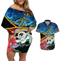Torba Vanuatu Couples Matching Off Shoulder Short Dress and Hawaiian Shirt Sand Drawing With Polynesian Pattern LT9 Black - Polynesian Pride