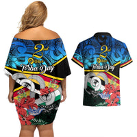 Torba Vanuatu Couples Matching Off Shoulder Short Dress and Hawaiian Shirt Sand Drawing With Polynesian Pattern LT9 - Polynesian Pride