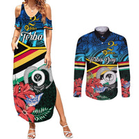 Personalised Torba Vanuatu Couples Matching Summer Maxi Dress and Long Sleeve Button Shirts Sand Drawing With Polynesian Pattern LT9 Black - Polynesian Pride