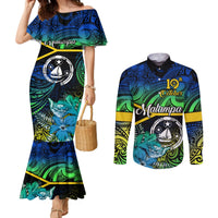 Malampa Day Couples Matching Mermaid Dress and Long Sleeve Button Shirts Vanuatu Flowers with Malampa Emblem Tribal Pattern LT9 Black - Polynesian Pride