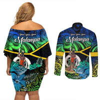 Malampa Day Couples Matching Off Shoulder Short Dress and Long Sleeve Button Shirts Vanuatu Flowers with Malampa Emblem Tribal Pattern LT9 - Polynesian Pride