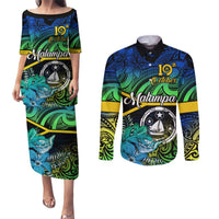 Malampa Day Couples Matching Puletasi Dress and Long Sleeve Button Shirts Vanuatu Flowers with Malampa Emblem Tribal Pattern LT9 Black - Polynesian Pride