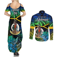 Malampa Day Couples Matching Summer Maxi Dress and Long Sleeve Button Shirts Vanuatu Flowers with Malampa Emblem Tribal Pattern LT9 - Polynesian Pride