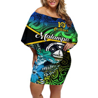 Malampa Day Off Shoulder Short Dress Vanuatu Flowers with Malampa Emblem Tribal Pattern LT9 Women Black - Polynesian Pride