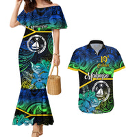 Personalised Malampa Day Couples Matching Mermaid Dress and Hawaiian Shirt Vanuatu Flowers with Malampa Emblem Tribal Pattern LT9 Black - Polynesian Pride