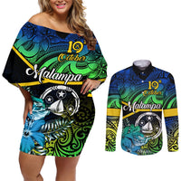 Personalised Malampa Day Couples Matching Off Shoulder Short Dress and Long Sleeve Button Shirts Vanuatu Flowers with Malampa Emblem Tribal Pattern LT9 Black - Polynesian Pride