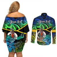 Personalised Malampa Day Couples Matching Off Shoulder Short Dress and Long Sleeve Button Shirts Vanuatu Flowers with Malampa Emblem Tribal Pattern LT9 - Polynesian Pride