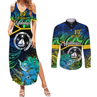 Personalised Malampa Day Couples Matching Summer Maxi Dress and Long Sleeve Button Shirts Vanuatu Flowers with Malampa Emblem Tribal Pattern LT9 Black - Polynesian Pride