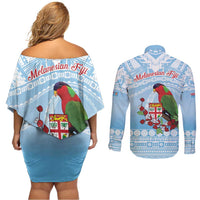 Melanesian Fiji Kula Bird Couples Matching Off Shoulder Short Dress and Long Sleeve Button Shirt with Tagimoucia Masi Tapa Pattern