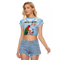 Melanesian Fiji Kula Bird Raglan Cropped T Shirt with Tagimoucia Masi Tapa Pattern LT9 Female Blue - Polynesian Pride