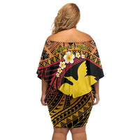 Melanesian Papua New Guinea Family Matching Off Shoulder Short Dress and Hawaiian Shirt Plumeria Bird of Paradise Tribal