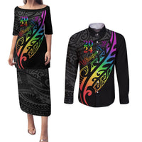 Personalised New Zealand Wellington Pride Couples Matching Puletasi and Long Sleeve Button Shirt Maori Fern with Pride Flag 2024 LT9 Black - Polynesian Pride
