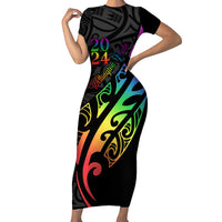Personalised New Zealand Wellington Pride Family Matching Short Sleeve Bodycon Dress and Hawaiian Shirt Maori Fern with Pride Flag 2024 LT9 Mom's Dress Black - Polynesian Pride