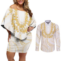 Aloha Lei Onaona Couples Matching Off Shoulder Short Dress and Long Sleeve Button Shirt Beige Hawaiian Tribal Pattern