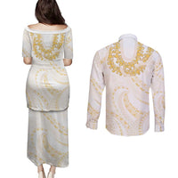 Aloha Lei Onaona Couples Matching Puletasi and Long Sleeve Button Shirt Beige Hawaiian Tribal Pattern