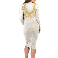 Aloha Lei Onaona Long Sleeve Bodycon Dress Beige Hawaiian Tribal Pattern