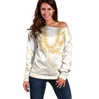 Aloha Lei Onaona Off Shoulder Sweater Beige Hawaiian Tribal Pattern
